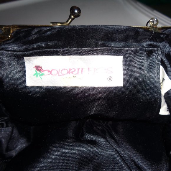 VINTAGE BLACK BEADED PURSE BY COLORIFFICS , SILVER CHAIN SHOUDER STRAP - Picture 10 of 10